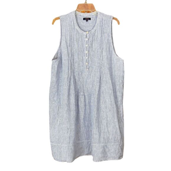 Quince European Linen Sleeveless Swing Dress Size XL Blue & White Stripe Pockets - Picture 2 of 5